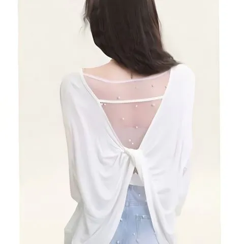 春夏新款韩版宽松慵懒遮肉时尚露背扭结网纱拼接钉珠长袖T恤上衣