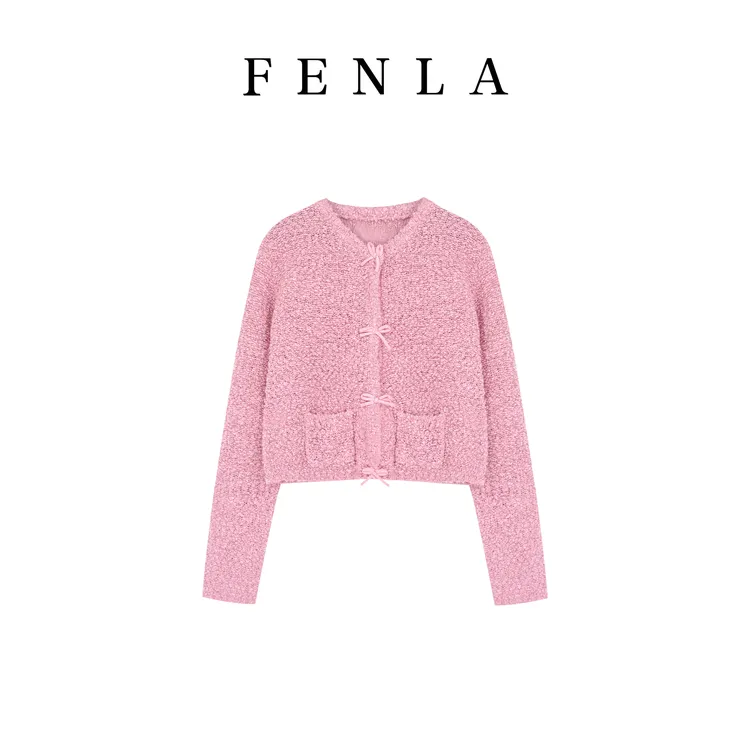 【惠姐私服】蝴蝶结提花长袖针织开衫简约时尚百搭毛衣上衣 85522