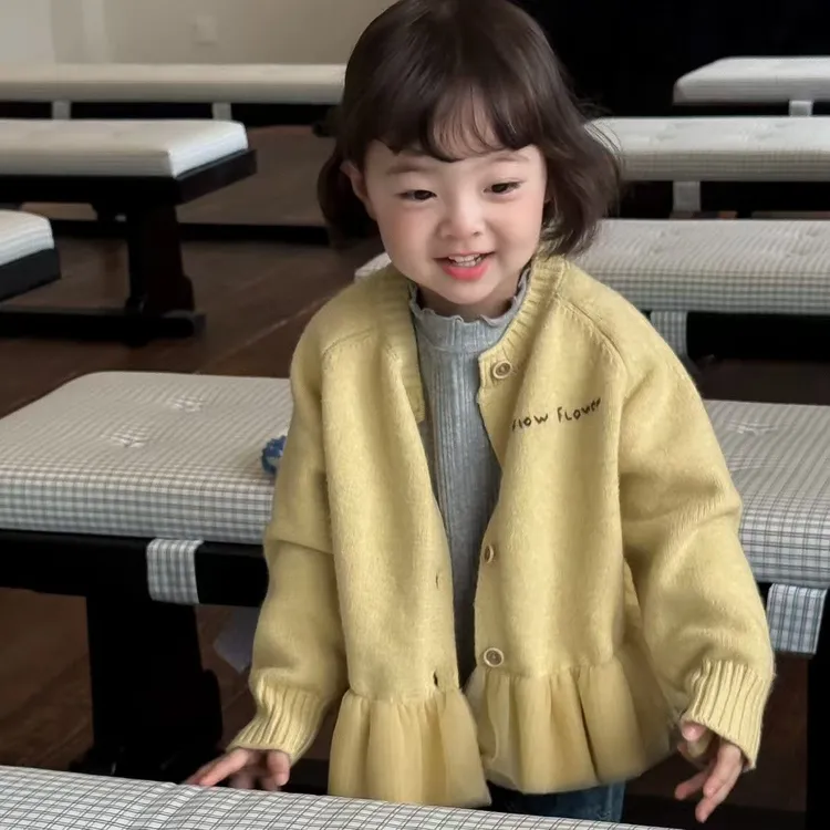 2025秋冬新款韩版中小女童宝宝儿童针织纯色柔软长袖蕾丝毛衣外套