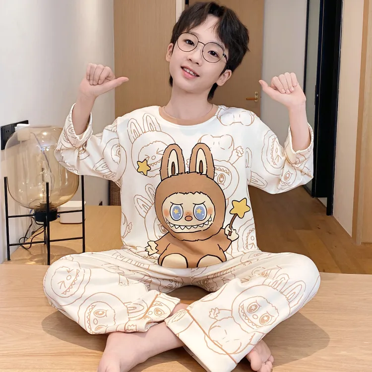 儿童睡衣纯棉秋季男童2025超火两件套labubu家居服男孩拉布布衣服