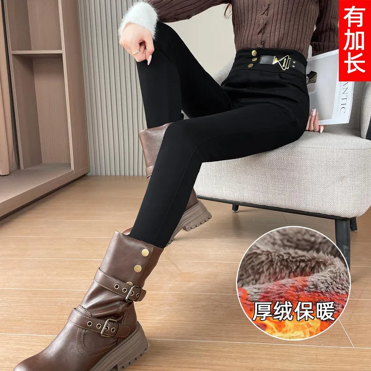 黑色时尚气质羊羔绒加长裤子冬季新款加绒加厚外女裤秋冬小脚裤