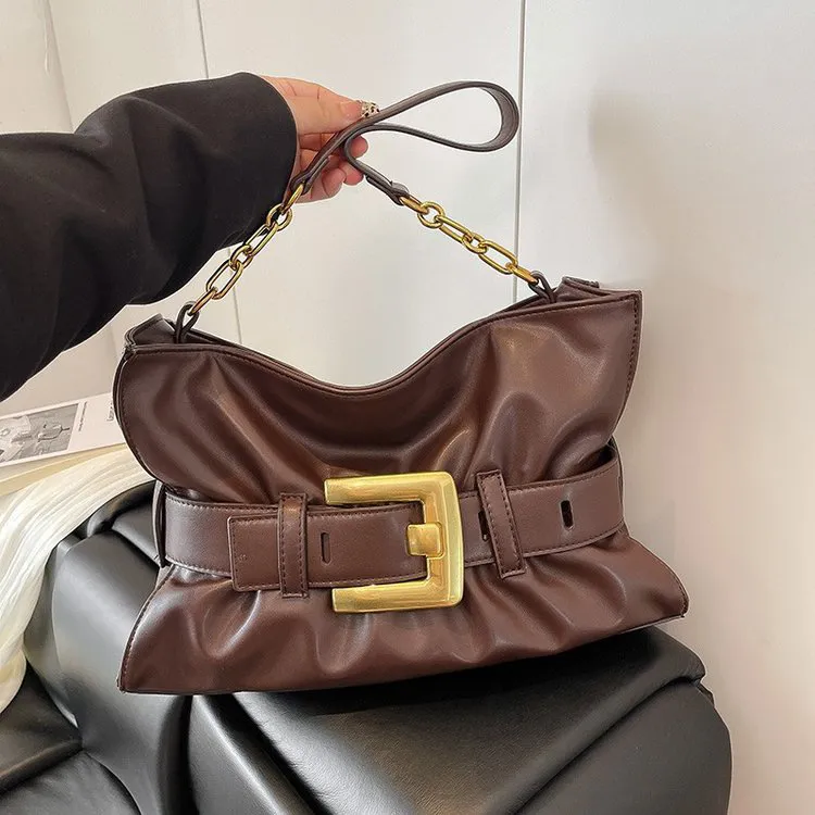 高级感个性韩系软牛皮褶皱云朵皮带扣腋下大容量单肩托特包