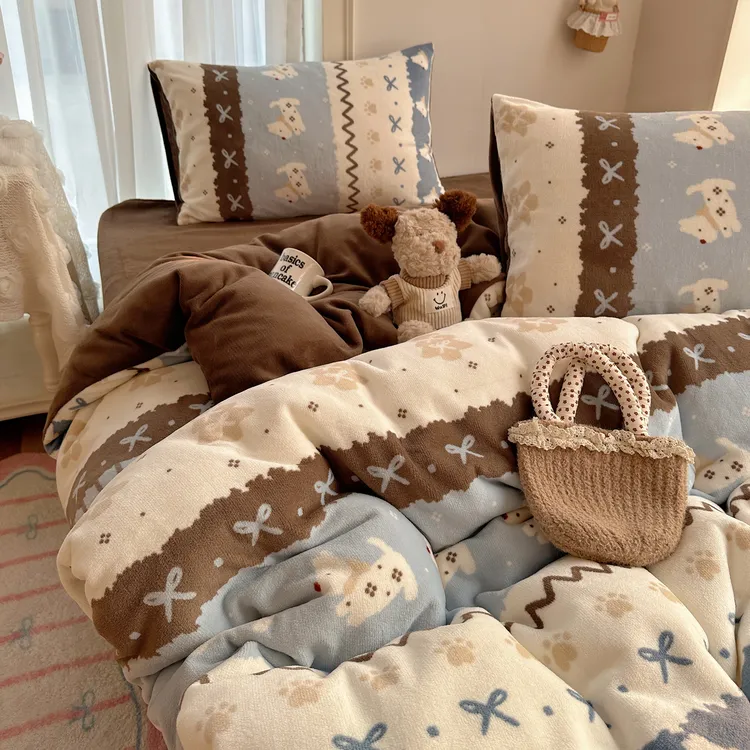 ins风牛奶绒床上四件套双面珊瑚绒加厚保暖被套罩宿舍床单三件套1