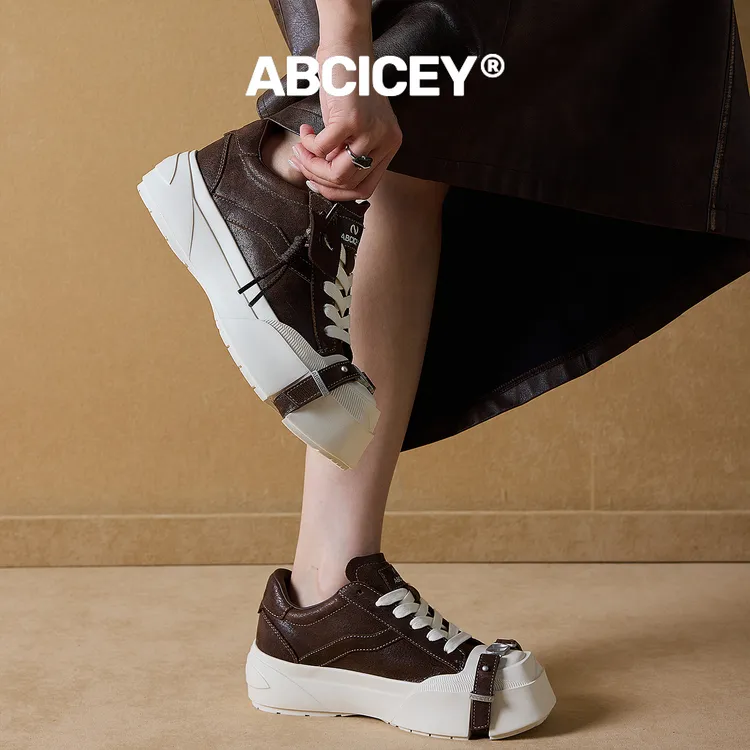 ABCICEY【引力皮面棕】方头板鞋绑带鞋低帮厚底鞋增高秋季头层牛皮