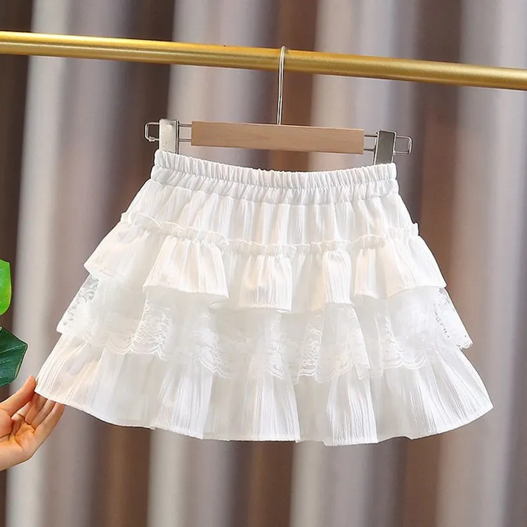 韩版12岁女童沙滩裙秋季洋气蛋糕裙韩系甜美花边百褶短裙带安全裤
