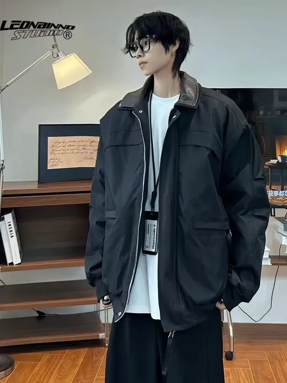 【老钱风双拼铆钉皮领】冬季潮TR斜纹面料短款棉服情侣百搭夹克外套