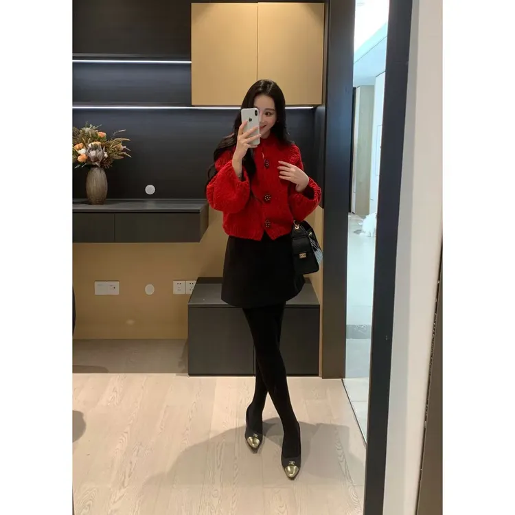 XINYI【胭脂红】冬季高定92%羊毛灯笼袖毛衣女显瘦毛衣X625Z21930