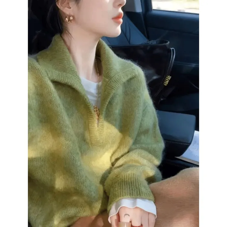 韩版慵懒宽松半开翻领针织衫毛衣女秋冬新款绿色显瘦长袖头套上衣