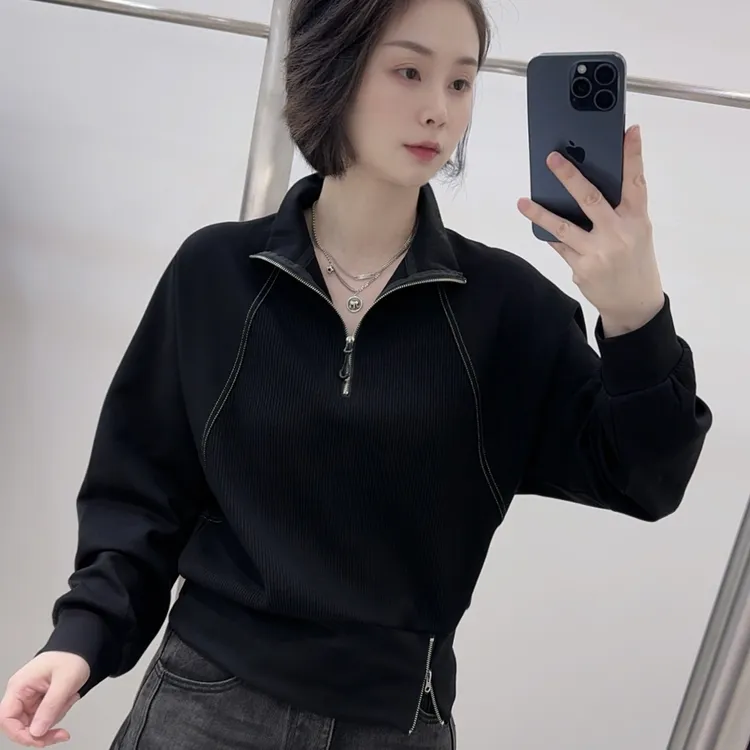 【8801】秋季短款套头翻领百搭卫衣拉链半拉链拼接女士上衣ins