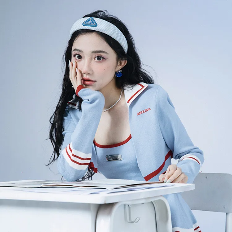 早春爆款针织条纹撞色休闲上衣连衣裙纯欲学院风可爱简约显瘦套装