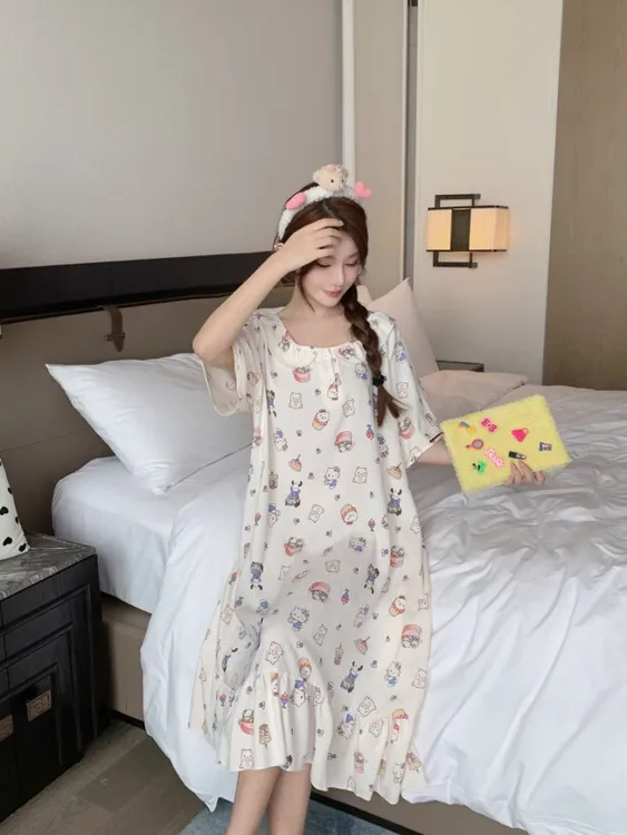3301大码宽松春夏季睡衣女甜美短袖樱桃睡裙减龄可外穿家居服