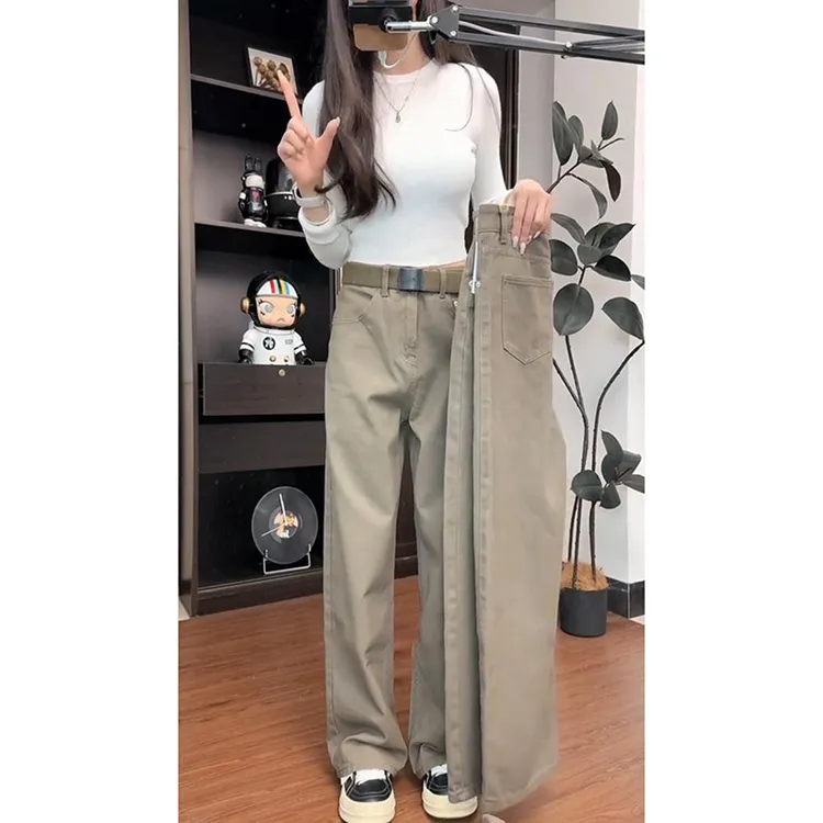 浅棕色美式复古牛仔裤男款夏季水洗微喇裤子高街美拉德直筒工装裤