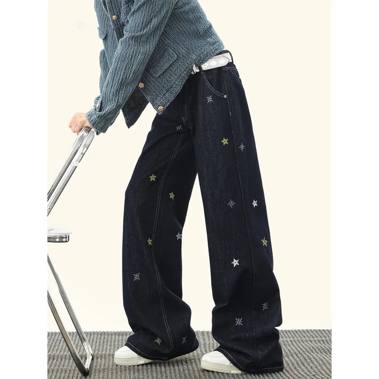 美式复古星星刺绣直筒牛仔裤女秋冬新款宽松百搭松弛感阔腿拖地裤