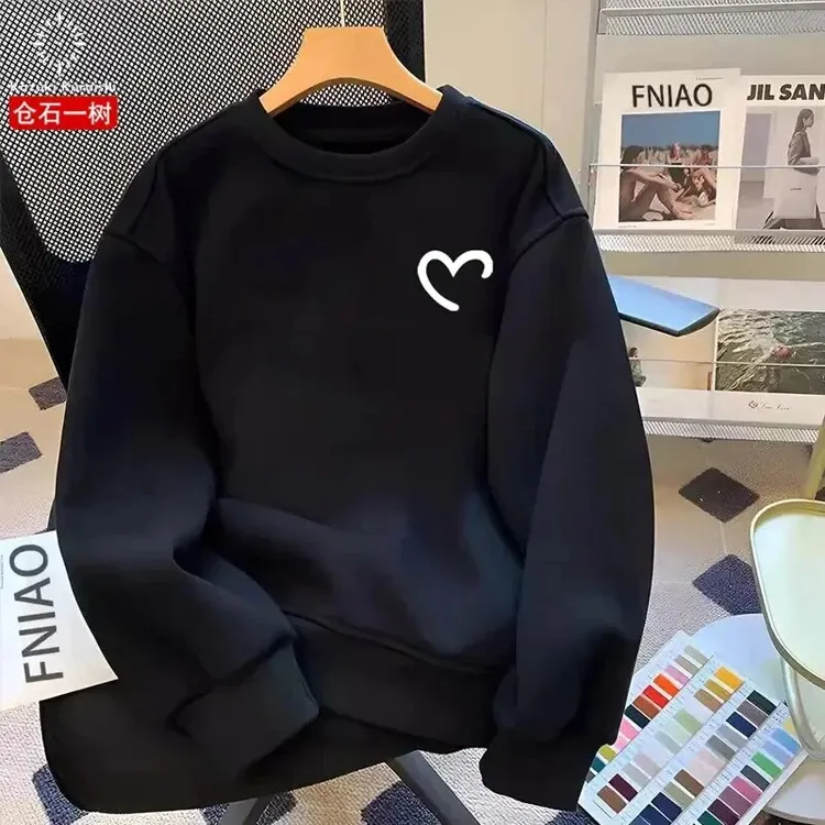 仓石一树爱心印花卫衣男士秋冬季宽松保暖上衣圆领百搭情侣装外套