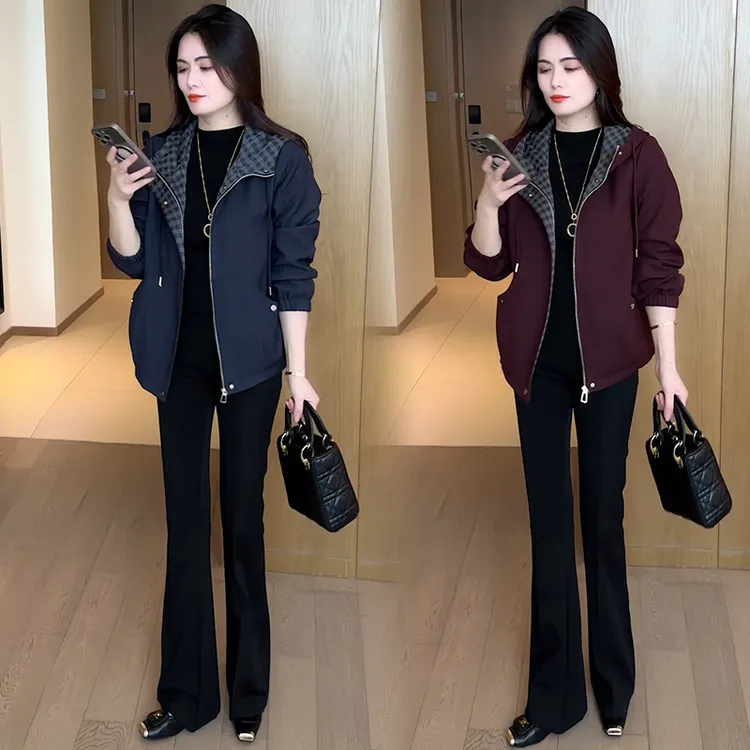 时尚连帽短外套女2025秋季新款洋气显瘦格子拼接百搭休闲夹克上衣