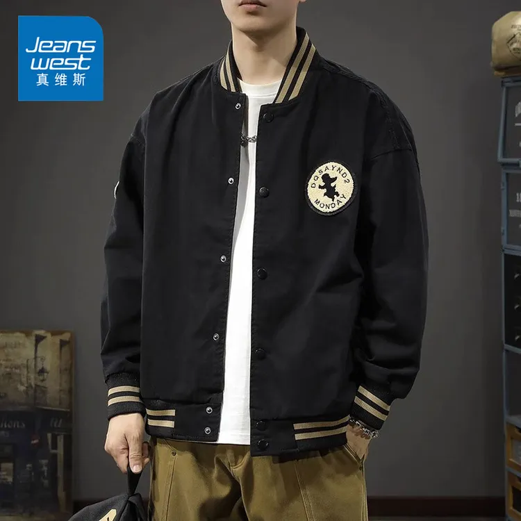 Jeanswest/真维斯春季棒球服男士百搭外套徽章宽松休闲飞行员夹克