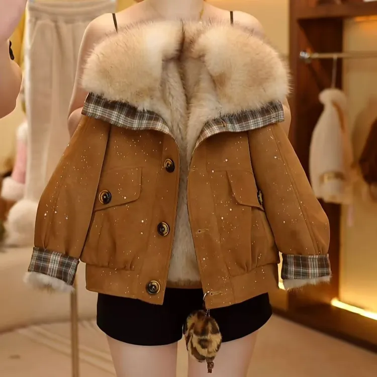 冬季新款加绒加厚皮衣外套大翻领轻奢风女童宝宝童装时尚外套潮