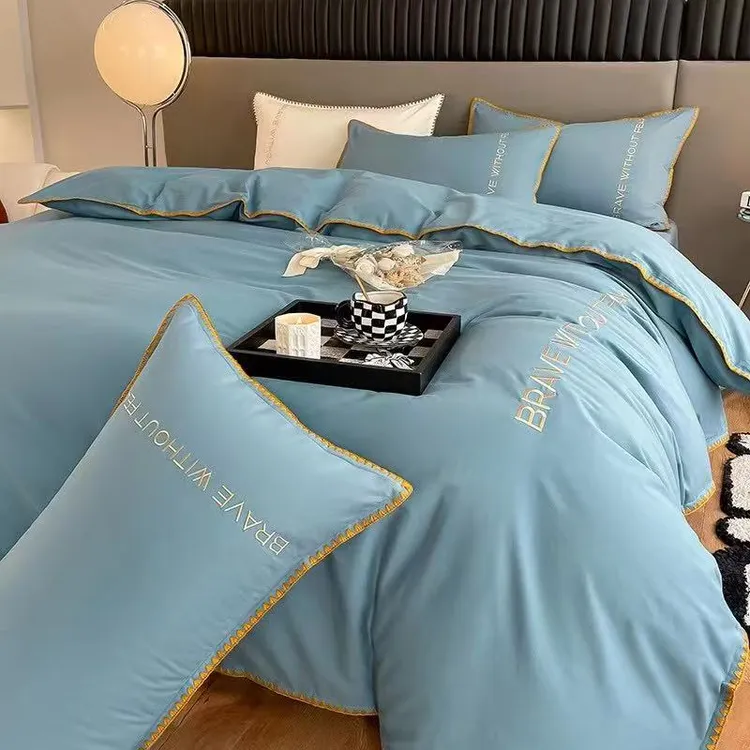 全棉刺绣四件套柔软舒适100%棉高端大气纯色标准款四件套