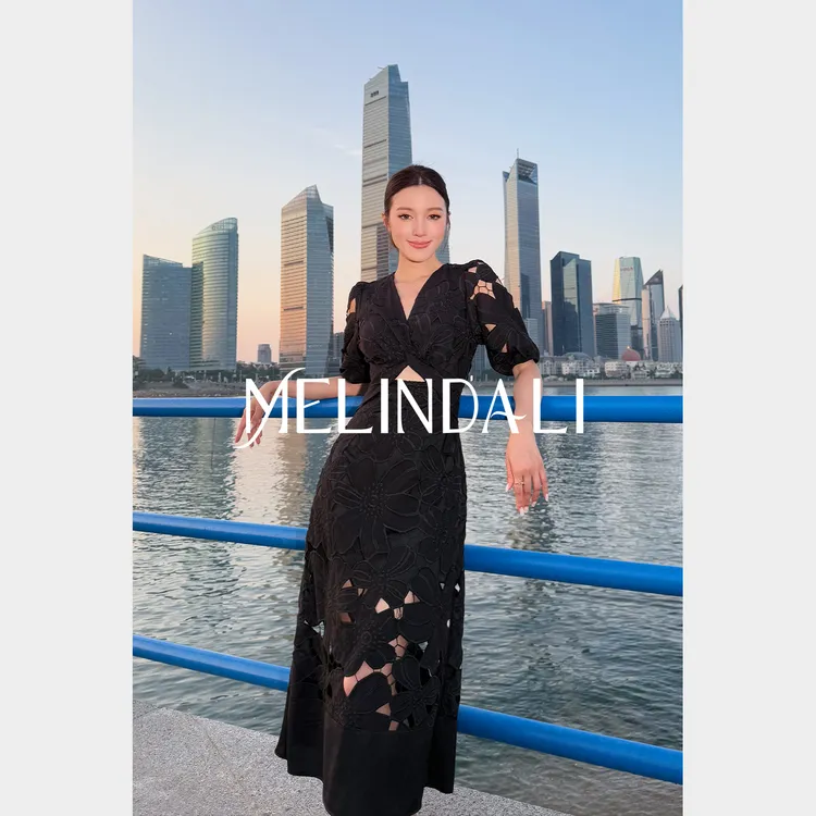 Melinda Li【小曼哈顿】精梳棉热熔绣花镂空泡泡袖收腰高级感连衣裙