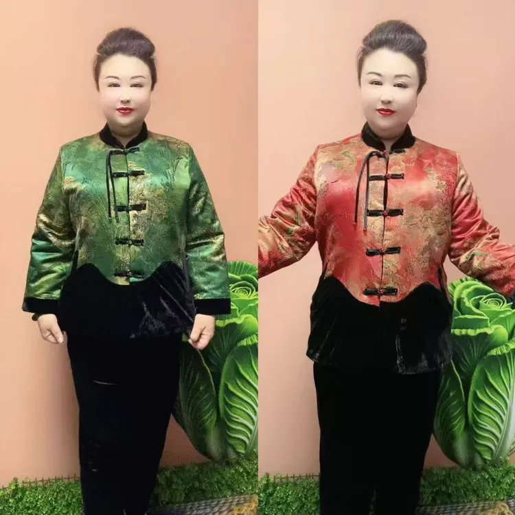 2585款时尚百搭丝绒盘扣大码丝绒拼接棉服