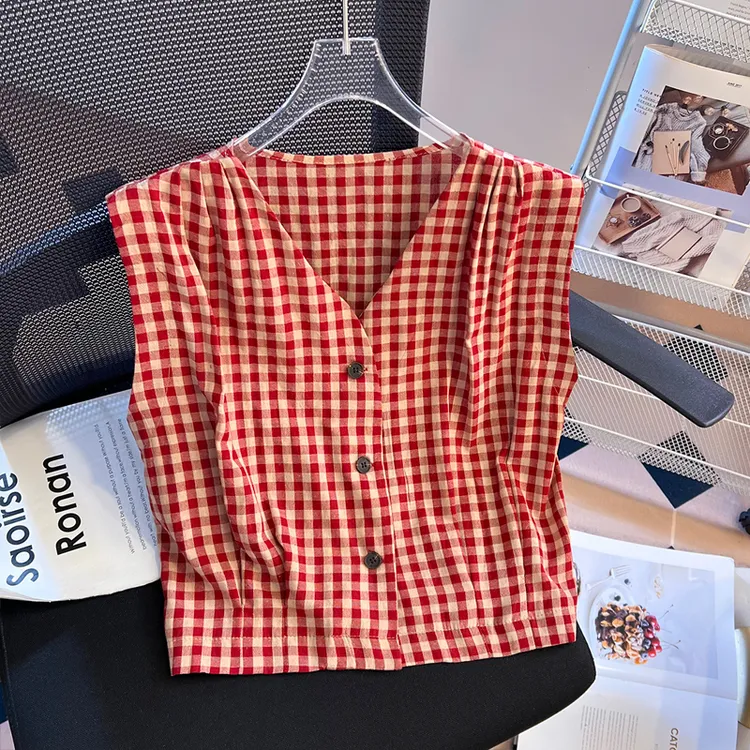 2025夏季爆款法式复古格子背心女外穿无袖衬衫气质小众V领上衣服