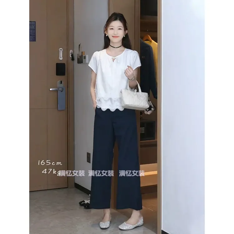 夏季韩系小个子女款轻奢高级感温柔小香风短袖上衣休闲阔腿裤套装