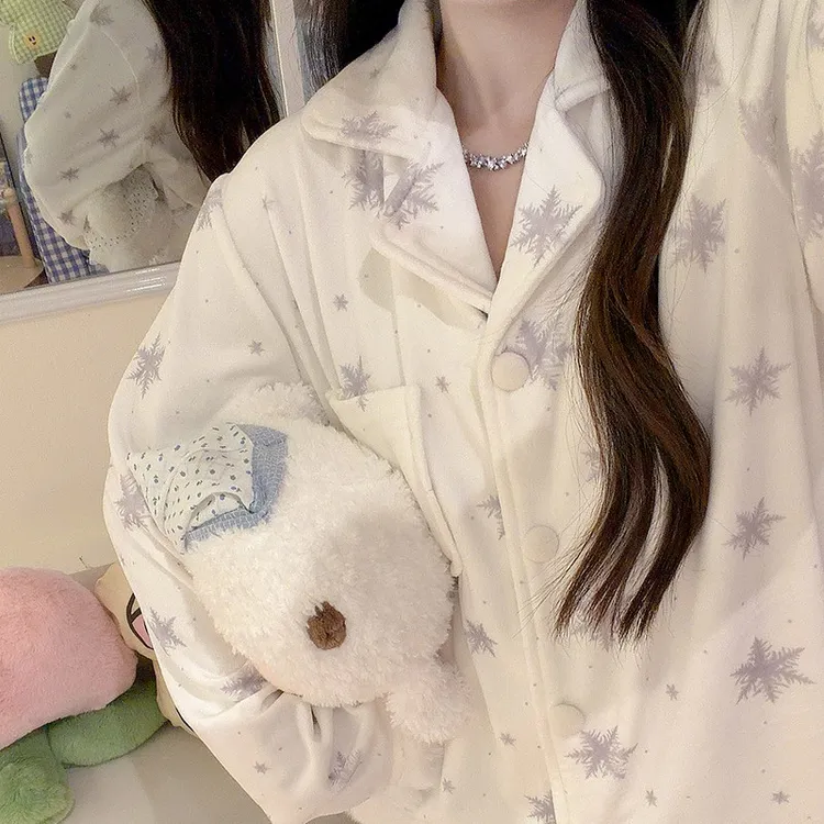 海岛绒小雪花睡衣女生秋冬季长袖长裤韩版柔软加厚保暖家居服套装