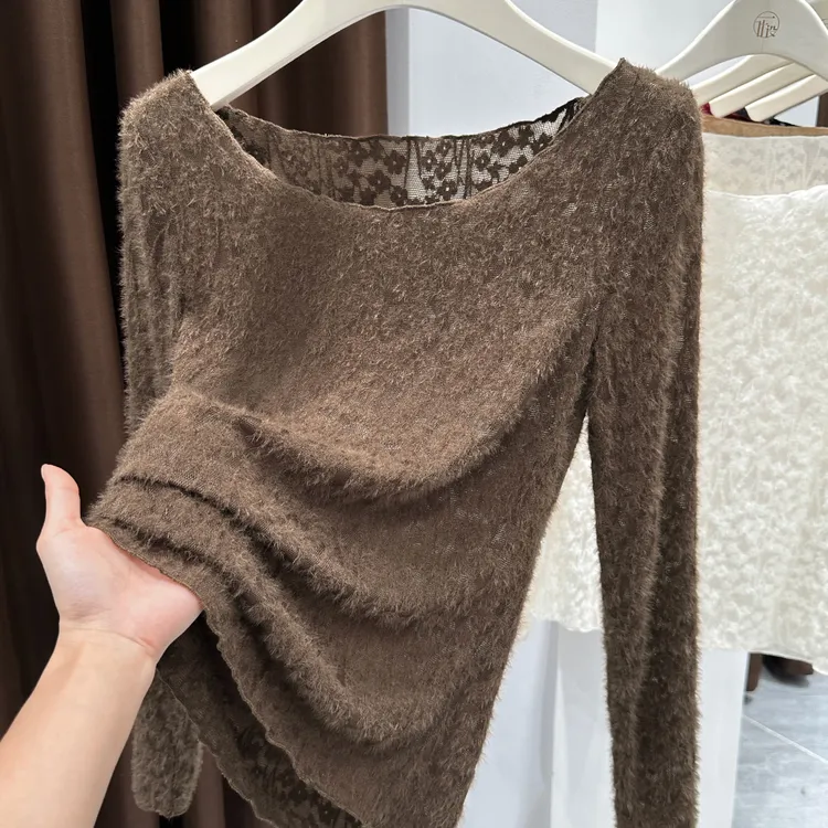 咖色大圆领长袖网纱蕾丝衫秋冬内搭爆款小衫上衣女软糯毛绒打底衫