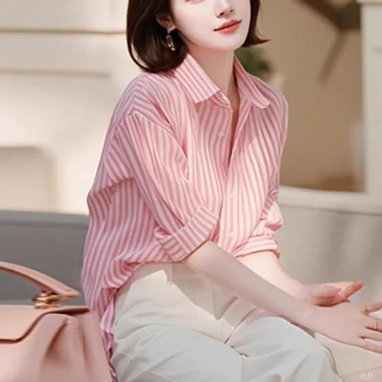哥弟阿玛施正品衬衣女款2025秋季新款粉红色条纹衬衫长袖上衣