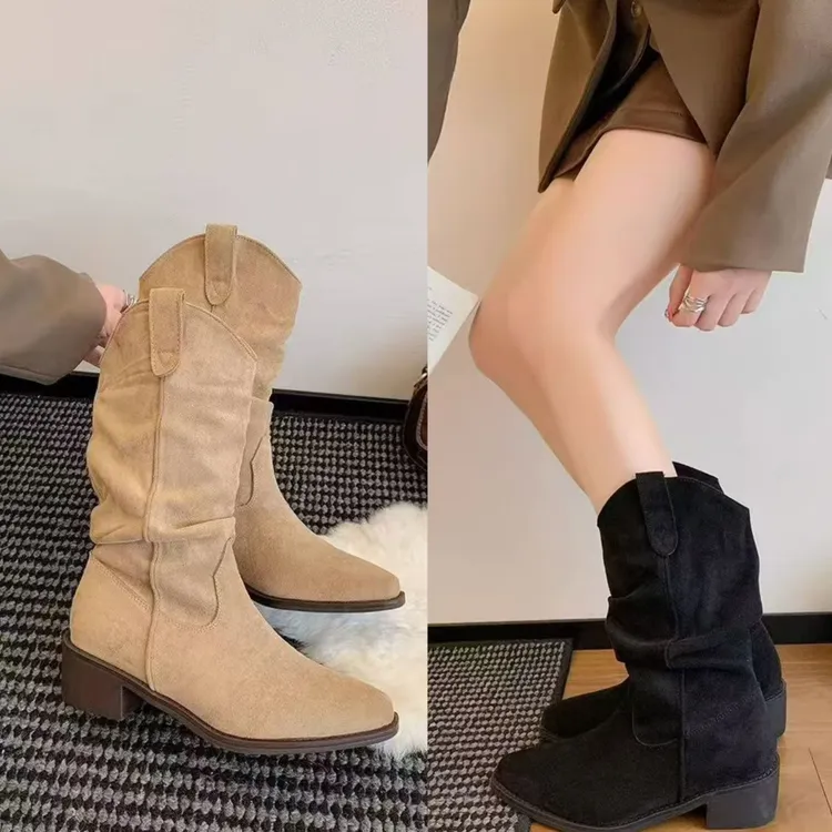冬季时尚百搭粗跟新款复古西部牛仔风女堆堆长靴