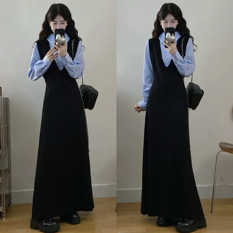 大码胖mm秋冬新款韩版显瘦假两件韩系氛围感百搭长款连衣裙女