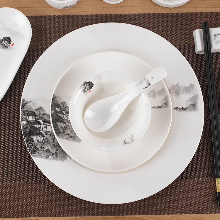 星级中式酒店摆台山水画陶瓷碗碟杯勺四件套饭店会所餐厅包厢餐具