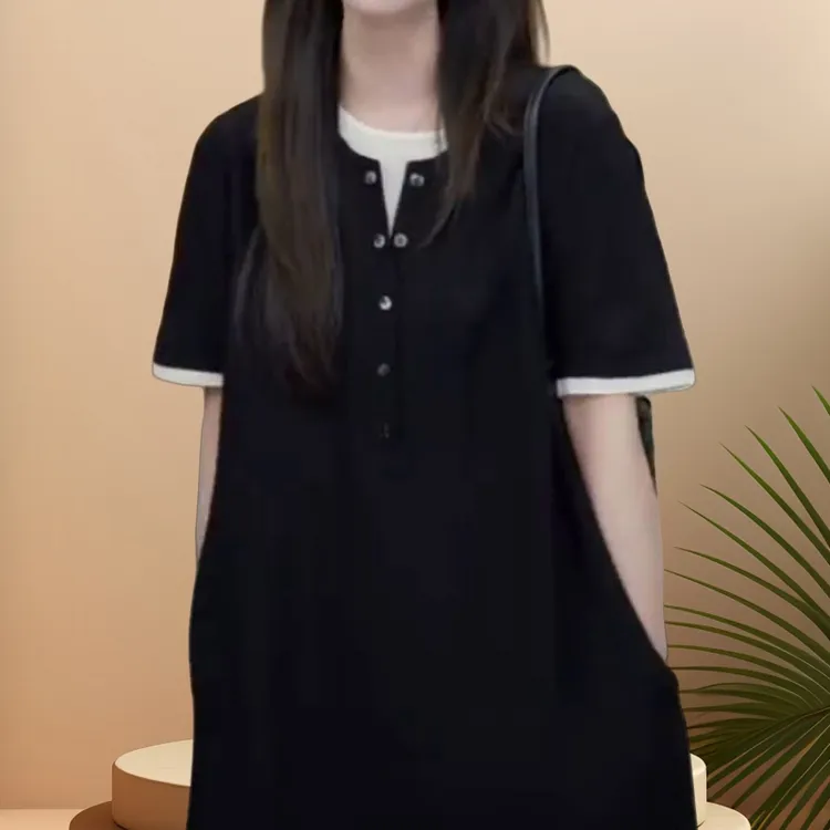 2025年夏季新款时尚百搭中长款短袖休闲裙女气质韩版假两件连衣裙