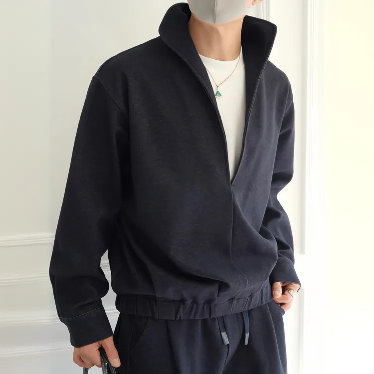 韩版轻奢假两件深V半开襟夹克休闲裤男秋季潮流新款针织牛仔套装