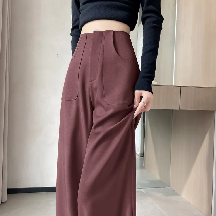 安可拉红高级感西装裤女新款高腰直筒窄版显瘦垂感阔腿裤