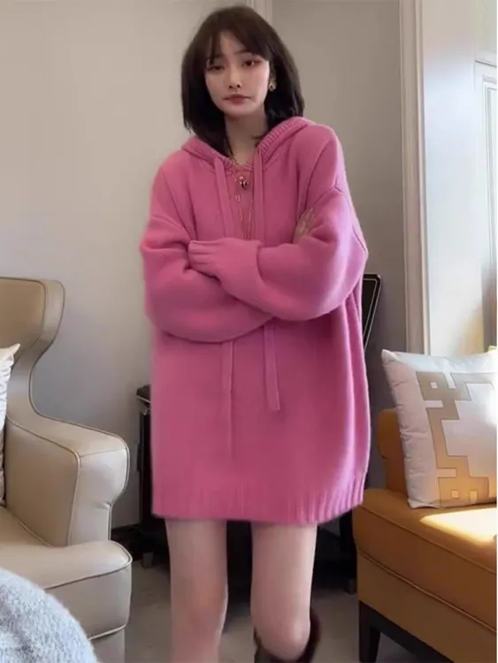 连帽中长款毛衣女秋冬季2025新款爆款宽松慵懒风加厚内搭针织上衣