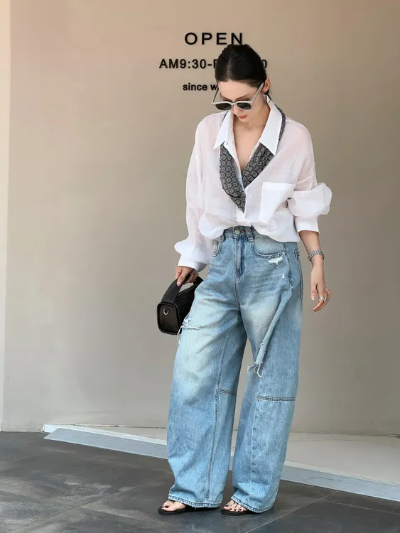 2025夏季新款高感飘带白色长袖衬衫女气质小众别致上衣百搭牛仔裤