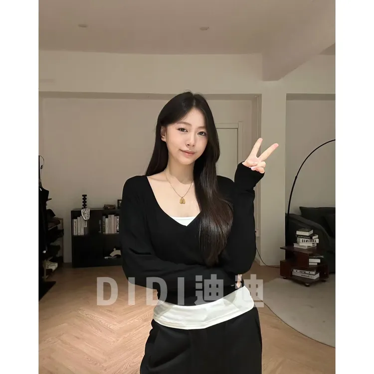 【DIDI】美式复古假两件长袖t恤秋季新款设计感小众辣妹打底衫上衣
