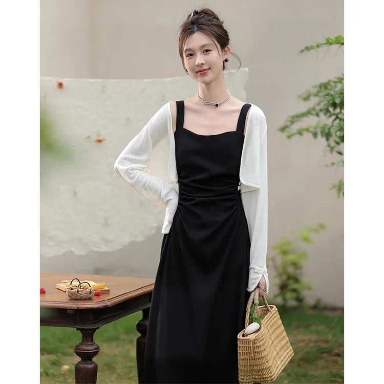 【两件套】黑色吊带裙女2025夏季新款法式气质收腰连衣裙D1572