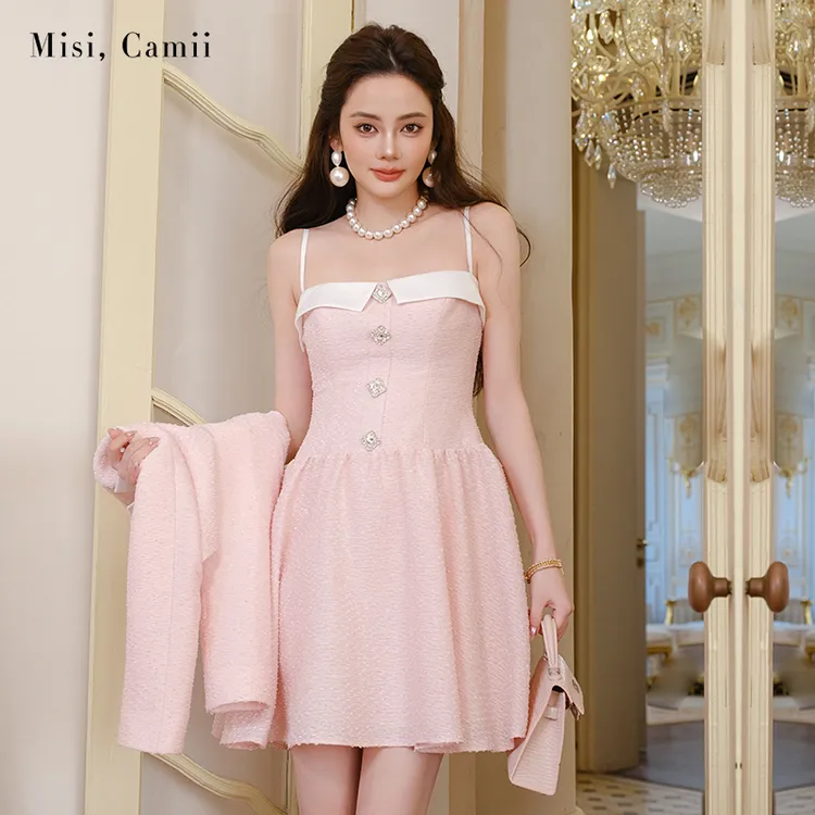 Misi,Camii2025早秋新款女装拼色花呢截短西装外套连衣裙时尚套装