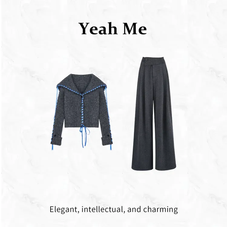 Yeah Me/也觅【幽蓝雾拾】冬季新款翻领设计感飘带毛衣长裤套装女