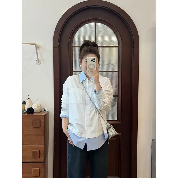 晶咕佳佳【南坪晚风】韩版洋气拼接POLO衫显瘦长袖白色休闲时尚