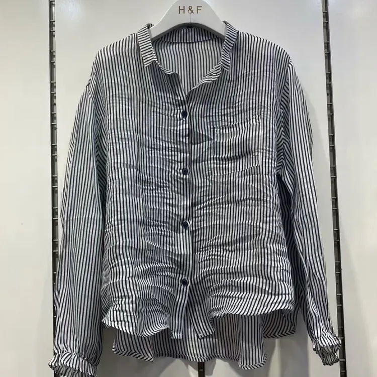 秋装女装新款100支纯苎麻宽松百搭印花条纹长袖衬衫开衫上衣