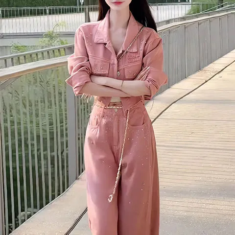 2025新款春秋高腰阔腿拖地长裤粉色短款牛仔外套两件套简约韩版烫