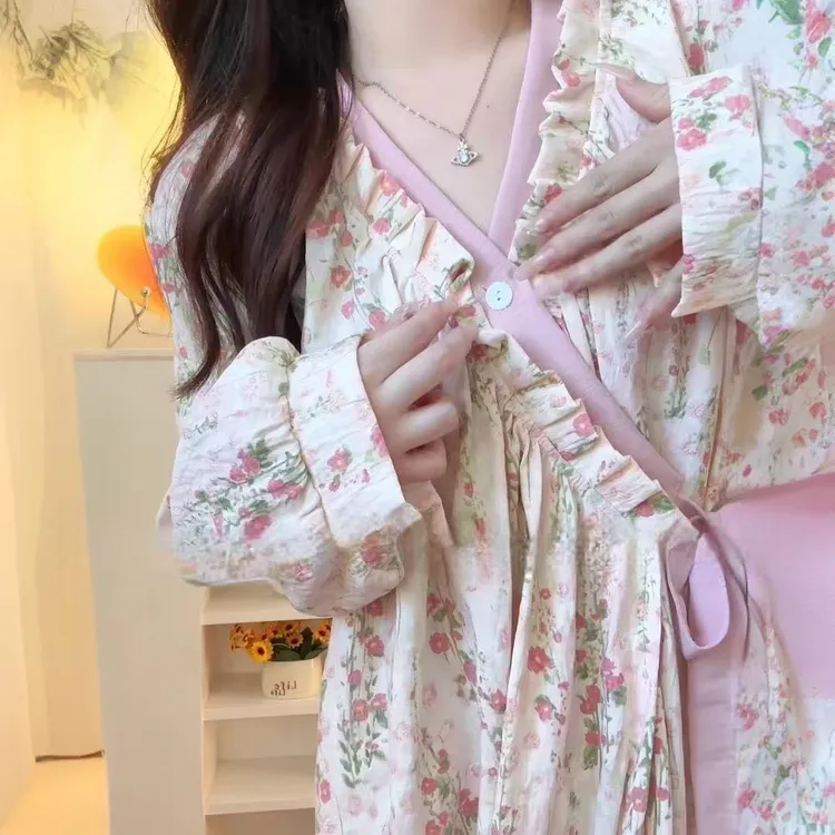 【莫奈花园】春夏季居家服睡袍女中式汉服薄款秋季碎花长袖甜美浴袍