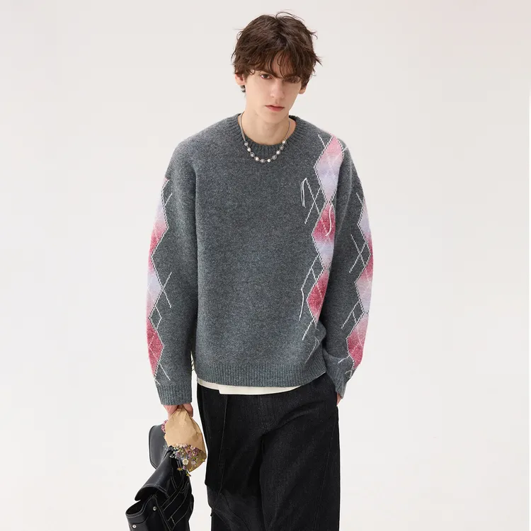 CHICERRO西西里男装渐变菱形格圆领毛衣男生休闲复古宽松潮流保暖