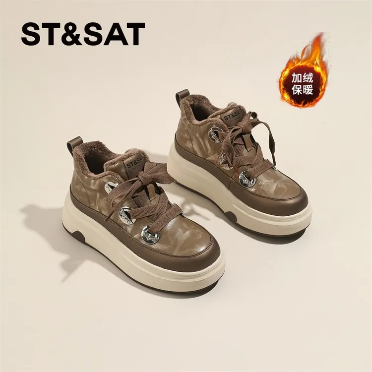 星期六爆款加绒厚底休闲鞋女款2025新款冬季保暖厚底棉鞋复古板鞋