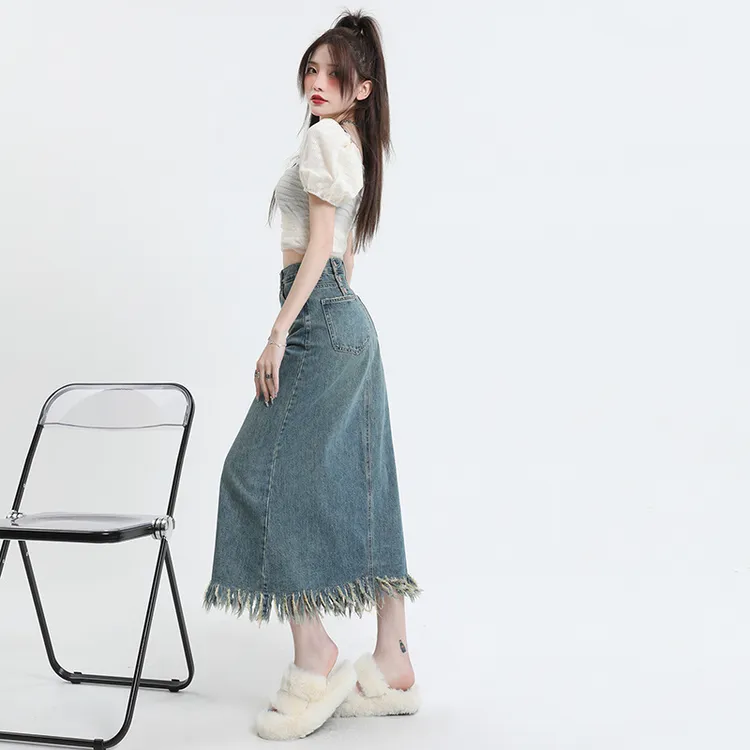 辣妹牛仔裙高腰流苏包臀裙复古直筒宽松毛边字中长款半裙