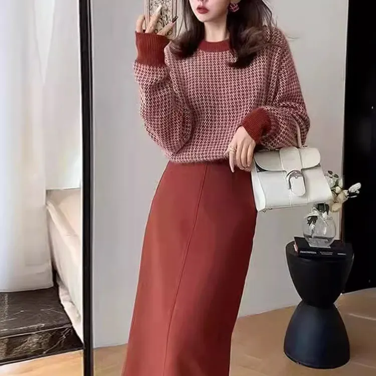法式高级感红色套装2025年春秋毛呢连衣裙名媛气质毛衣半身裙两件
