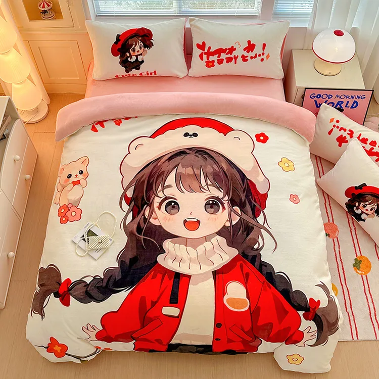 【达人专属】大版卡通可爱牛奶绒套件秋冬保暖防寒双面加厚印花超软绒学生宿舍